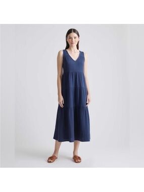 Quince 100% Organic Cotton Gauze Tiered Maxi Dress, Indigo Blue